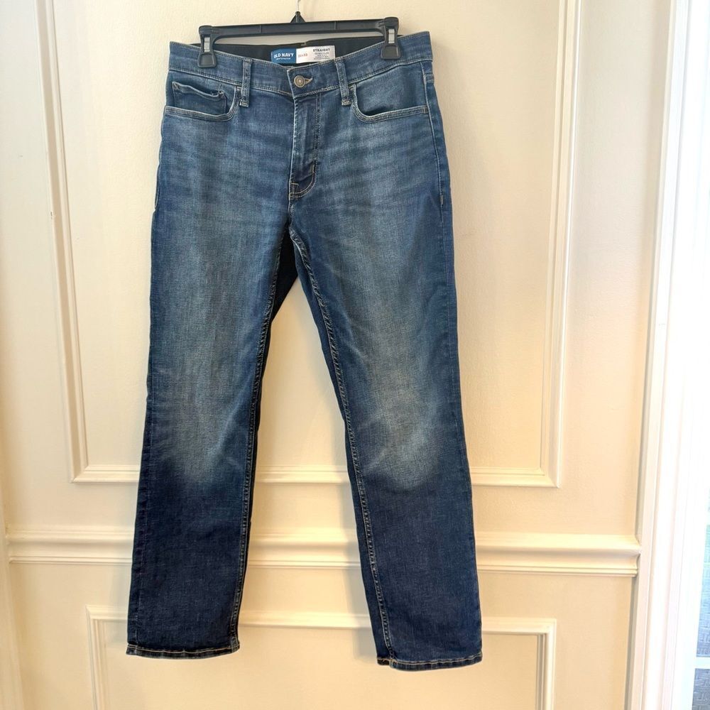 Old Navy Men's Dark Blue Straight Go Recycled Jeans with Stretch Medium Wash